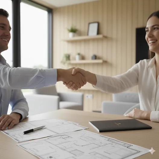 Couple reviewing floorplans for their new home