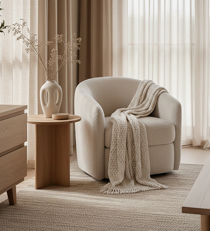 Armchair and throw in a calm, neutral living space