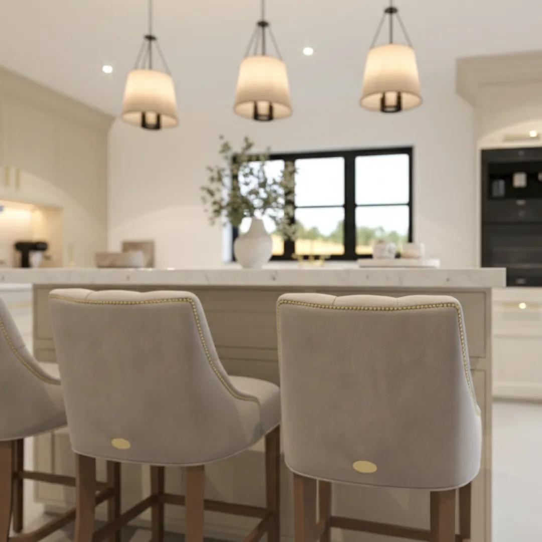 Handmade kitchen island with pendant lights and upholstered bar stools