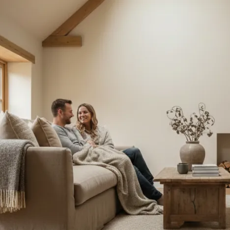 Couple relaxing on a sofa in a vaulted living room